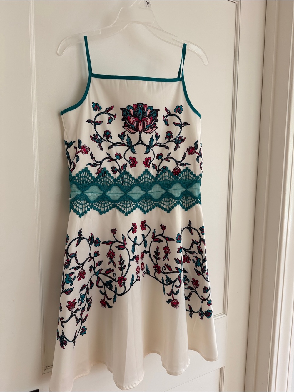 Chasing Fireflies White Dress with Teal Trim and Pink Floral Embroidery